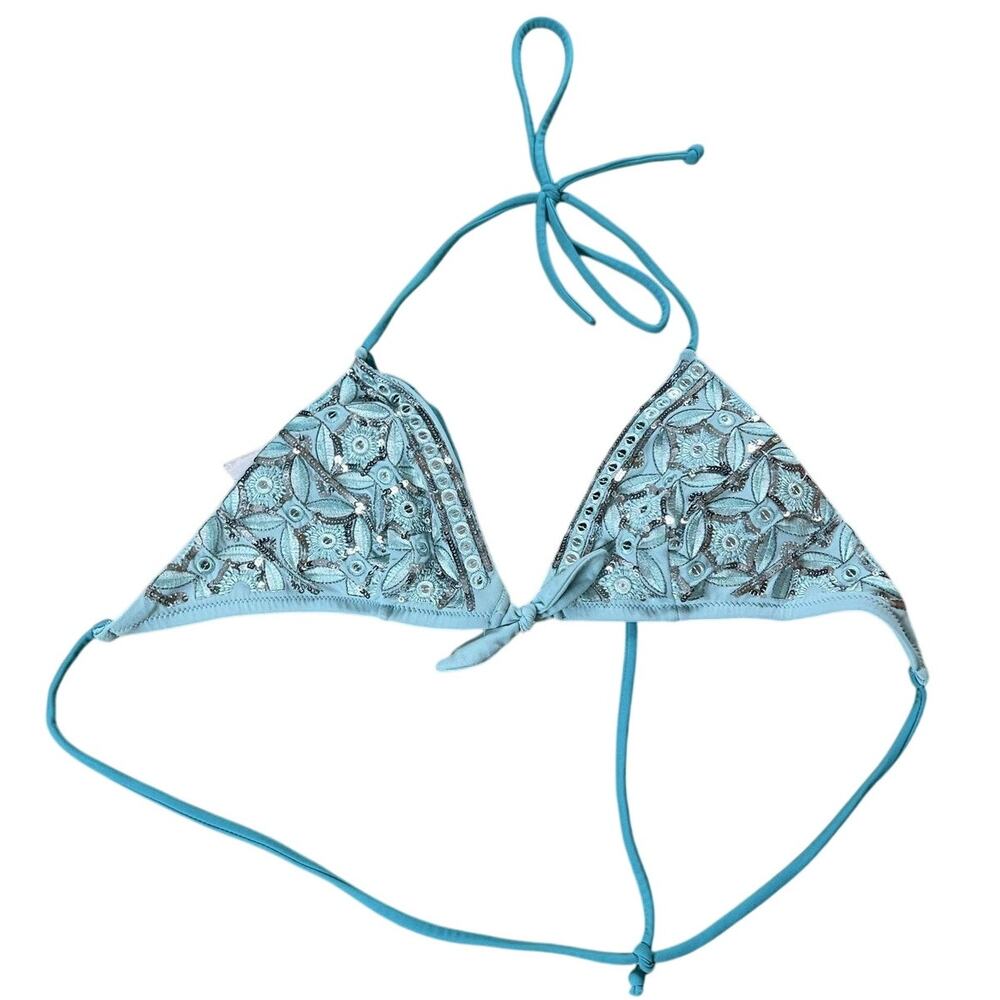 Victoria's Secret Swim Top Womens XS Blue Triangle Sequin Embroidered Lined
